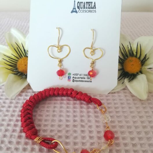 juego aretes +pulsera cristal rojo