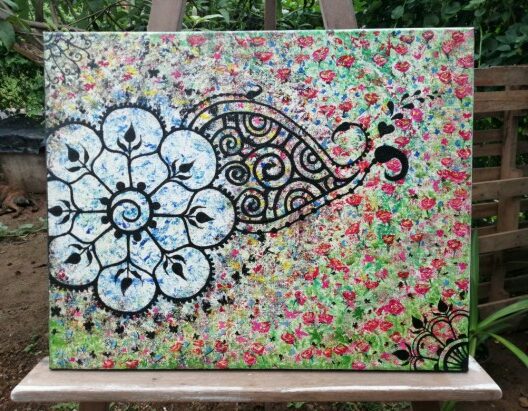 Pintura "Jardín de rosas y mariposas