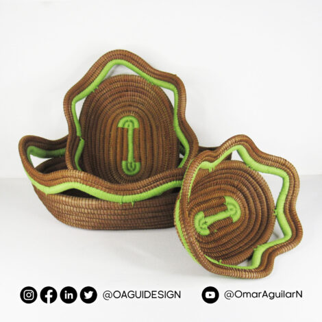 Set de 3 canastas ovaladas tejidas en acícula de pino, borde tradicional, color verde limón.